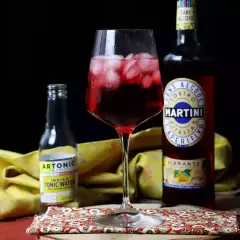 Czerwony drink z lodem, obok butelka Martini Vibrante i Artonic Indian Tonic Water. Idealny na letnie popołudnie.
