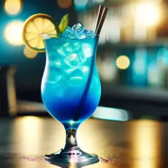 Niebieski drink nazwa, orzeźwiający koktajl z lodem, plasterkiem cytryny i miętą, na tle rozmytego baru.
