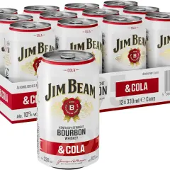 Puszki Jim Beam & Cola w kartonie. Klasyczne połączenie bourbonu i coli, gotowe do schłodzenia.