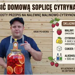 Mężczyzna w fartuchu wskazuje na słoik z malinami i cytrynami oraz małą butelkę Soplicy.