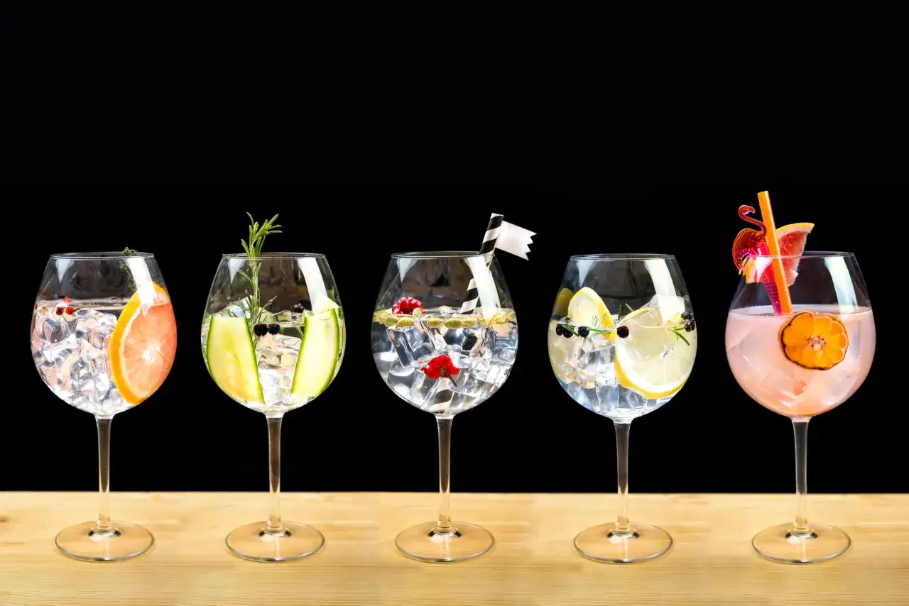 Pięć drinków z lodem i owocami: grapefruit, ogórek, maliny, cytryna i pomarańcza. Idealne na letnie wieczory, jak martini tonic.