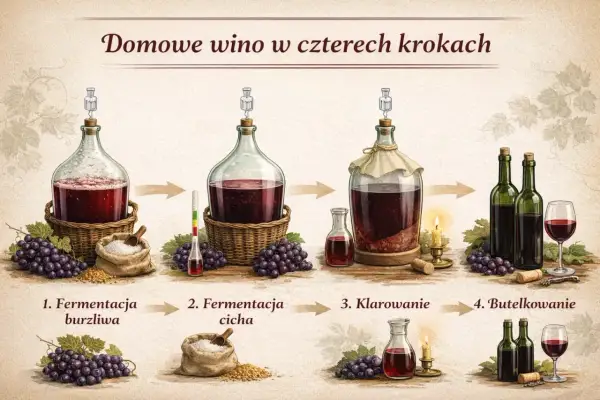 Ilustracja pokazuje cztery etapy produkcji domowego wina: fermentację burzliwą, cichą, klarowanie i butelkowanie. Wino jest gotowe do butelkowania po procesie klarowania.