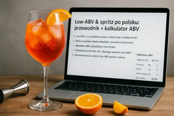 Szklanka Aperol Spritz obok laptopa z prezentacją o lekkich drinkach i kalkulatorem ABV. Idealny zestaw do nauki o alkoholach.