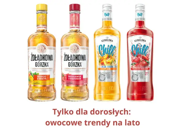 Lubelska smaki: cztery butelki wódki o owocowych smakach – mango z miętą, truskawka i rabarbar, ice tea peach, strawberry margarita.